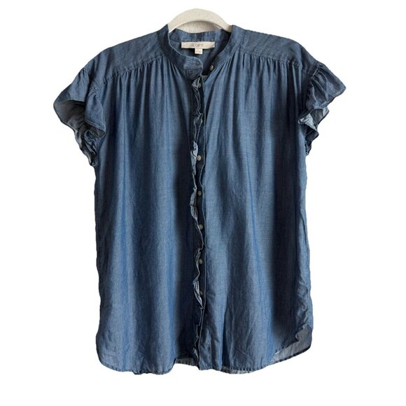 LOFT Chambray Denim Top Women’s M Ruffle Sleeves Button Down Sleeveless Blouse - Picture 1 of 10